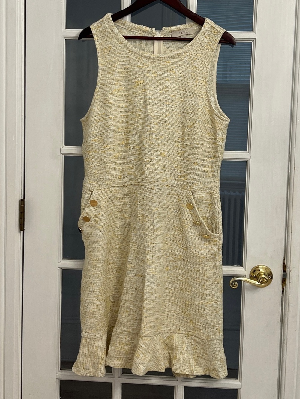 LOFT Women’s White & Yellow Tweed Sleeveless Button Detail Ruffle Hem Dress